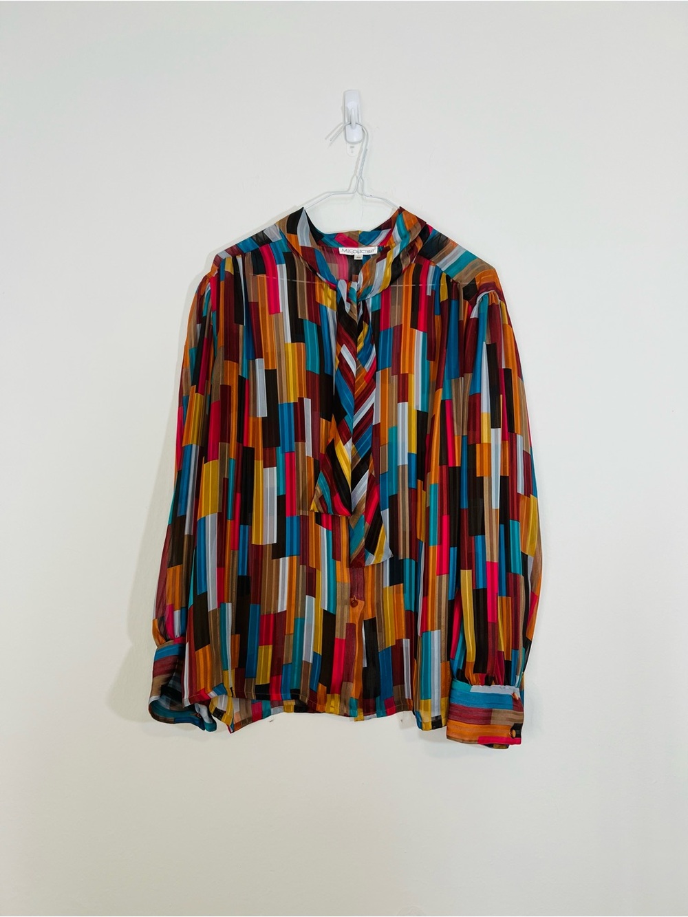 Vintage Multicolor Geometric Print Long-Sleeve Blouse